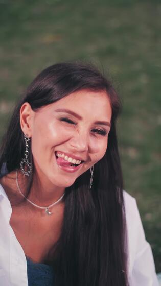 Close Up Portrait Of Brunette Woman Show Tongue And Smile Beautiful Happy Girl Looking At Camra