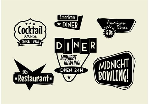 50s Diner, Bowling, and Cocktail sign Pack vector