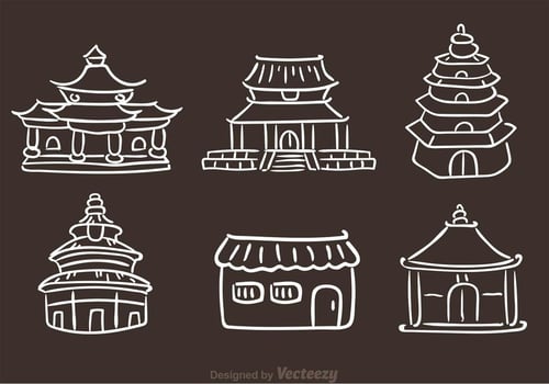 Chinese Temple Hand Drawn Icons vector