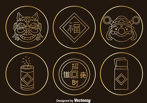 Chinese Culture Element Gold Icons Vector
