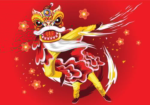 Chinese New Year Card with Plum Blossom and Lion Dance Vector