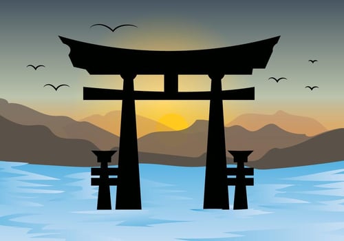 Torii Gates And Sunset Landscape Vector