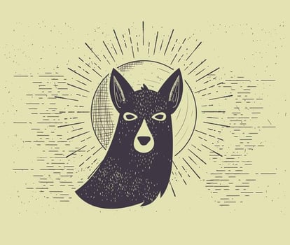 Hand Etched Wolf Dog Sun and Moon Drawing vector