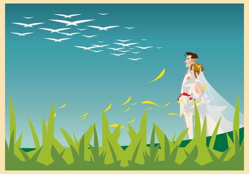 Bride and Groom Walking in the Garden Illustration vector