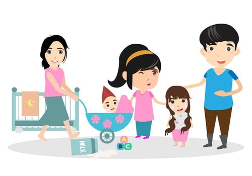 Free Happy Family With Babysitter Illustration vector