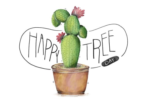 Cute Very Colorful Cactus Illustration With Flower Watercolor Happy Tree Day  vector