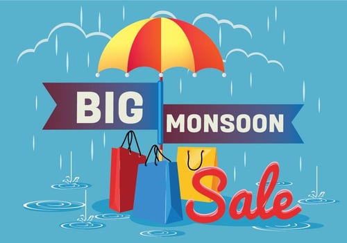 Sale Poster for Monsoon Season with Rain Drops with Shopping bag and Umbrella vector