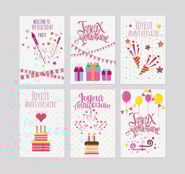 Birthday or Joyeux Anniversaire Greeting and Invitation Card Vectors 