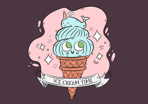 Cute Blue Ice Cream Character With Blue Whale On Top And Ribbons vector
