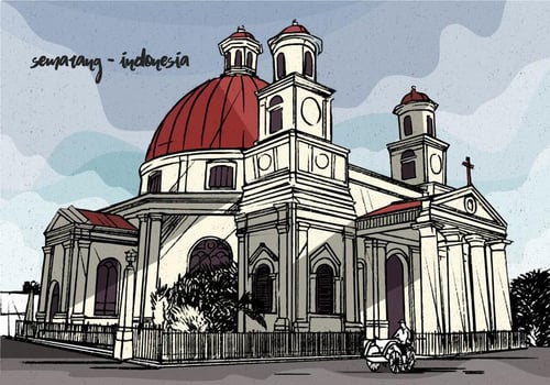 Colonial Vintage Vector Illustration of Semarang Indonesia