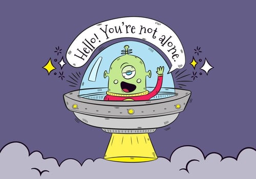 Hand drawn Green Alien With Rocket Saying Hello With Speech Bubble vector