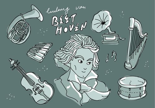 Musician Legend Ludwig Van Beethoven Instrument Doodle Vector Illustration