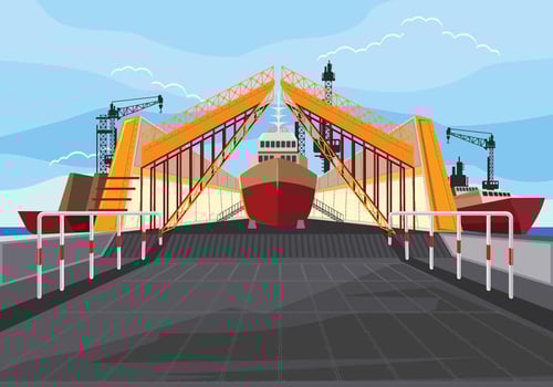 Illustration of Shipyard at Work and Docking Ship vector