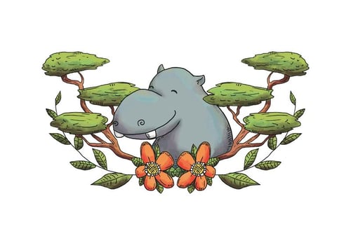 Watercolor Hippopotamus Character Smiling With Leaves And Flowers vector