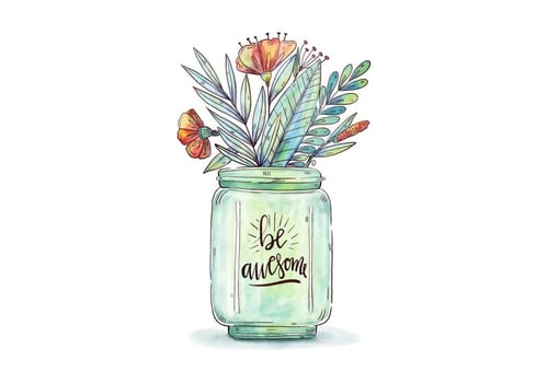 Watercolor Jar With Botanical Flowers And Leaves With Motivational Quote vector