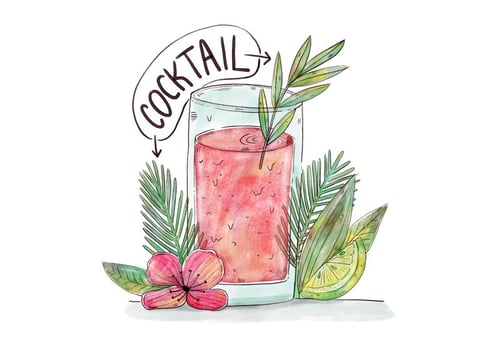 Watercolor Cocktail With Palms, Leaves, Flowers And Lime vector