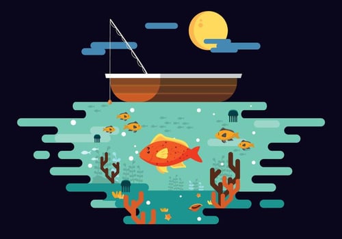 Fishing Flounder Fish In Deep Sea Vector Flat Illustration