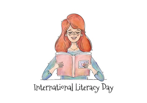 Vector Watercolor Girl Reading Book for Literacy Day