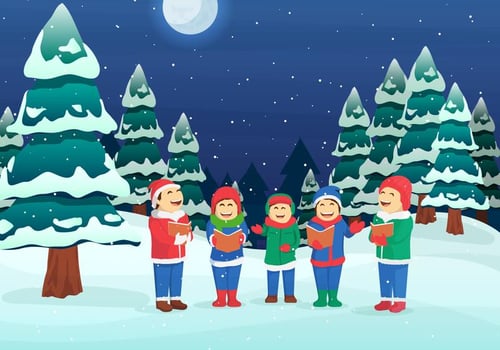 Childrens Singing Christmas Caroling Vector Illustration