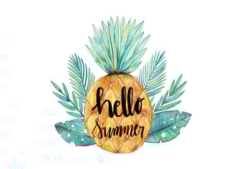 Hello Summer Watercolor Pineapple With Tropical Leaves Vector 