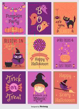 Cute Colorful Cartoon Halloween Vector Cards