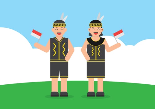 Dayak Boy And Girl Wearing Traditional Dress And Holding Indonesian Flag Cartoon vector