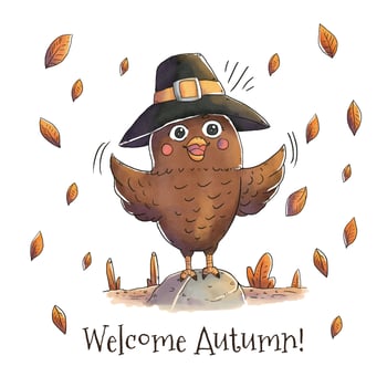 Cute Owl With Autumn Hat And Leaves Falling Vector 