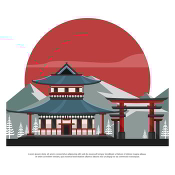 Shrine With Torii And Mountain Flat Vector Illustration