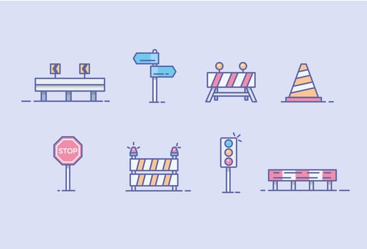 Icons of Guard Rail, Road Barrier, and Traffic Sign vector
