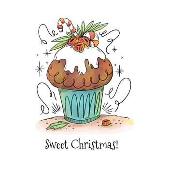 Cute Christmas Dessert With Berries, Leaves And Candy Cane vector