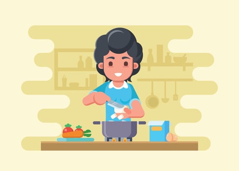 Young Mother Prepares Tofu For Cooking vector