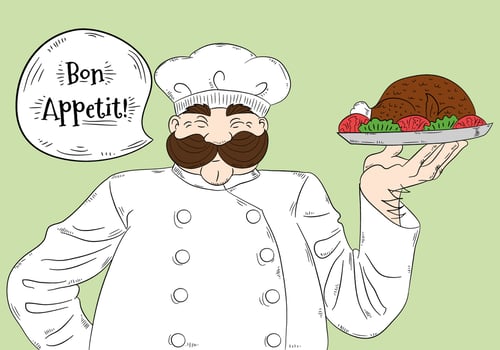 Cute Big Chef Character with Bon Appétit Lettering Vector 