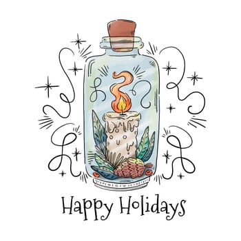 Cute Jar With Christmas Candle, Leaves And Berries vector