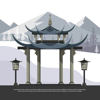 Shrine With Mountain Background Flat Vector Illustration