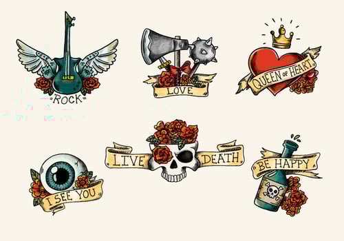 Old School Tattoo With Skull Red Roses And Ribbons vector