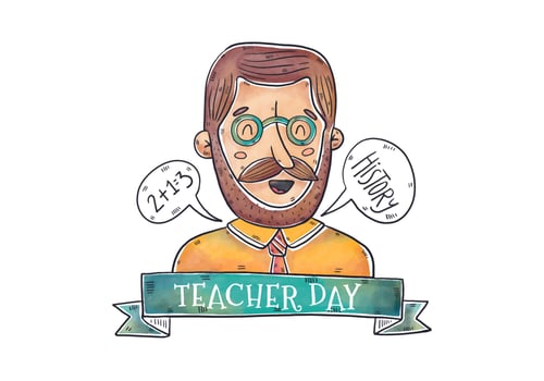 Watercolor Teacher Man  Wearing Glasses And Smiling With Speech Bubble And Ribbon To Teacher Day vector