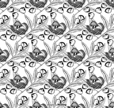 Black And White Buckeye Leaves And Nuts Vector Seamless Background
