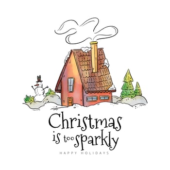 Cute Winter House With Snow, Tree And Snowman vector