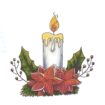 Cute Christmas Candle With Red Flowers And Leaves vector