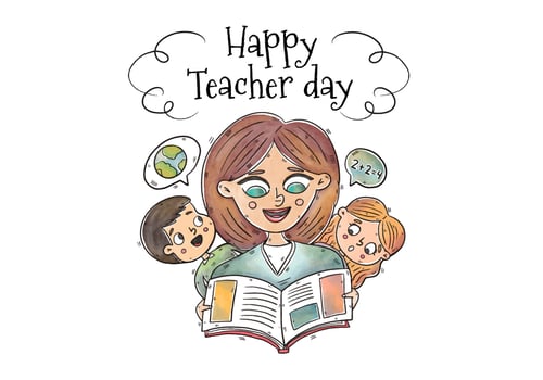 Watercolor Teacher And Kids Around Reading A Book To Teacher Day vector