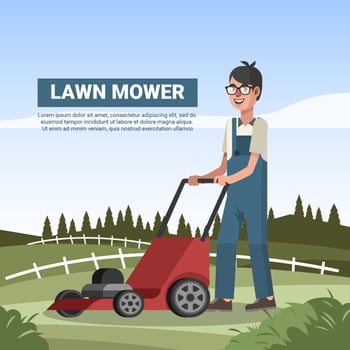 Man With Lawn Mower In farm Vector Illustration