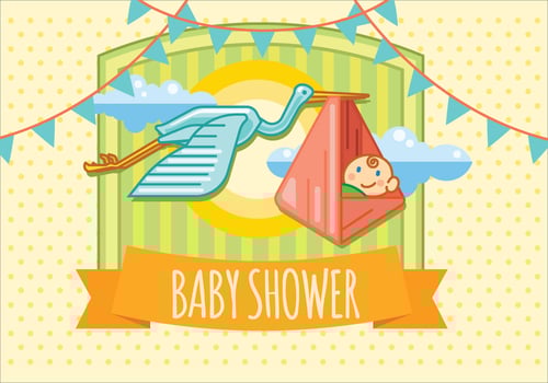 Baby Shower Flying in the Sky with Bird. Vector Invitation Card Design