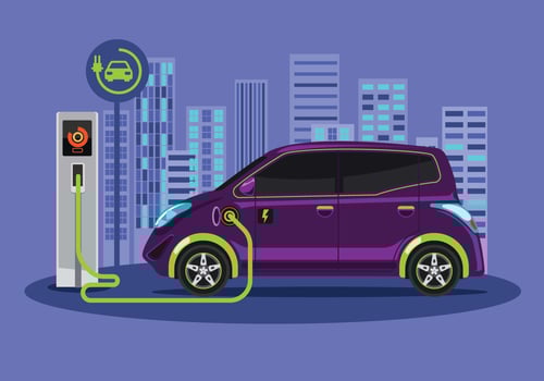 Electric Car Charging. Vector Flat Design Illustration