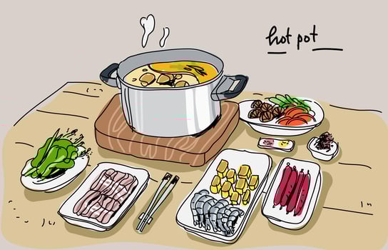 Hotpot Ingredients on Table Hand Drawn vector Illustration