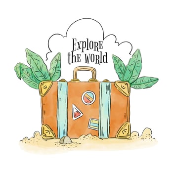 Cute Suitcase With Stamps And Palms Behind Over Beach Sand vector