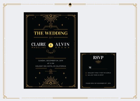 Elegant Gold Classic Art Deco Wedding Invitation Template Vector