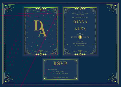 Elegant Blue Gold Pack Art Deco Wedding Invitation Template Vector