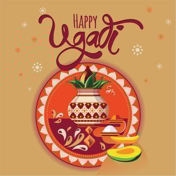 Happy Ugadi illustration. New Year's Day of Hindu calendar. Modern vector hand drawn calligraphy for your poster, banner, postcard, invitation or greeting card design