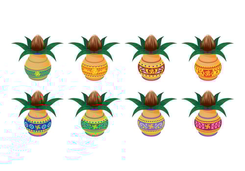 Set Vector illustration of Kalash with Coconut and Mango Leaf
