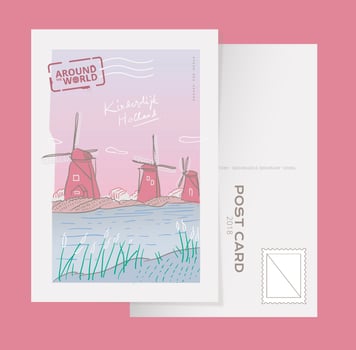 Kinderdijk Holland Landmark Postcard Vector Illustration